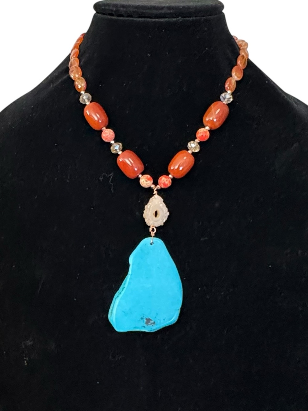 Turquoise Pendant Druzy Geode Orange Carnelian Stone Beaded‎ Statement Necklace